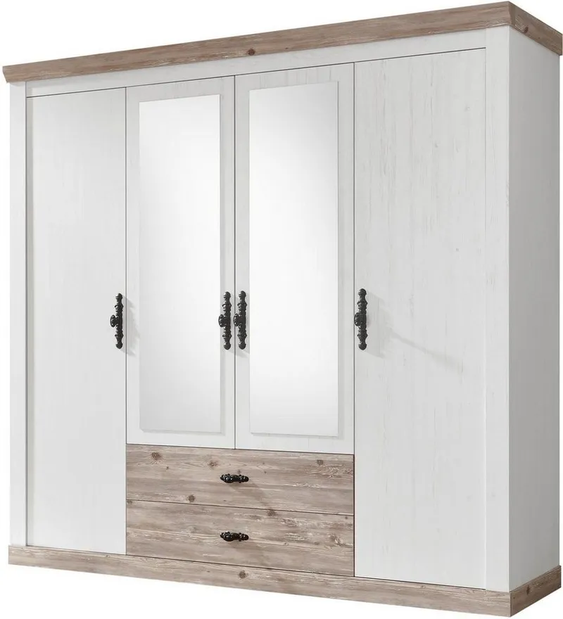 Home affaire Drehtürenschrank Florenz Landhausschrank,rustikale Metallgriffe mit feinen Verzierungen Kleiderschrank mit Spiegel Schlafzimmerschrank BESTSELLER Garderobe, Weiß, – Produktbild 3 von 8