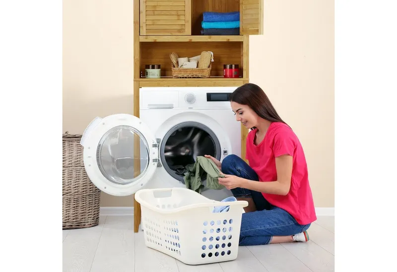 RELAXDAYS RELAXDAYS Waschmaschinenumbauschrank Waschmaschinenschrank LAMELL Bambus, Braun|silberfarben, – Produktbild 5 von 5