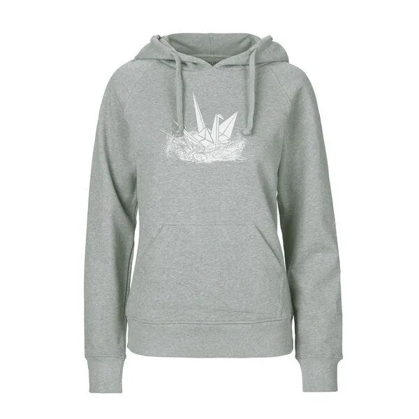 HANDGEDRUCKT HANDGEDRUCKT "Origami-Kranich" Frauen HOODY aus reiner Biobaumwolle (kbA), Grey, – Produktbild 1 von 3