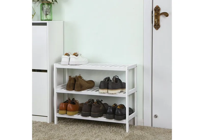 SONGMICS SONGMICS Schuhregal Schuhablage, Schuh-Organizer, für Wohnzimmer, Schlafzimmer, Badezimmer, Bambus, 3 Ebenen, Regal für Schuhe, Pflanzen, Bücher, 26 x 70 x 55 cm, Weiß, – Produktbild 4 von 5