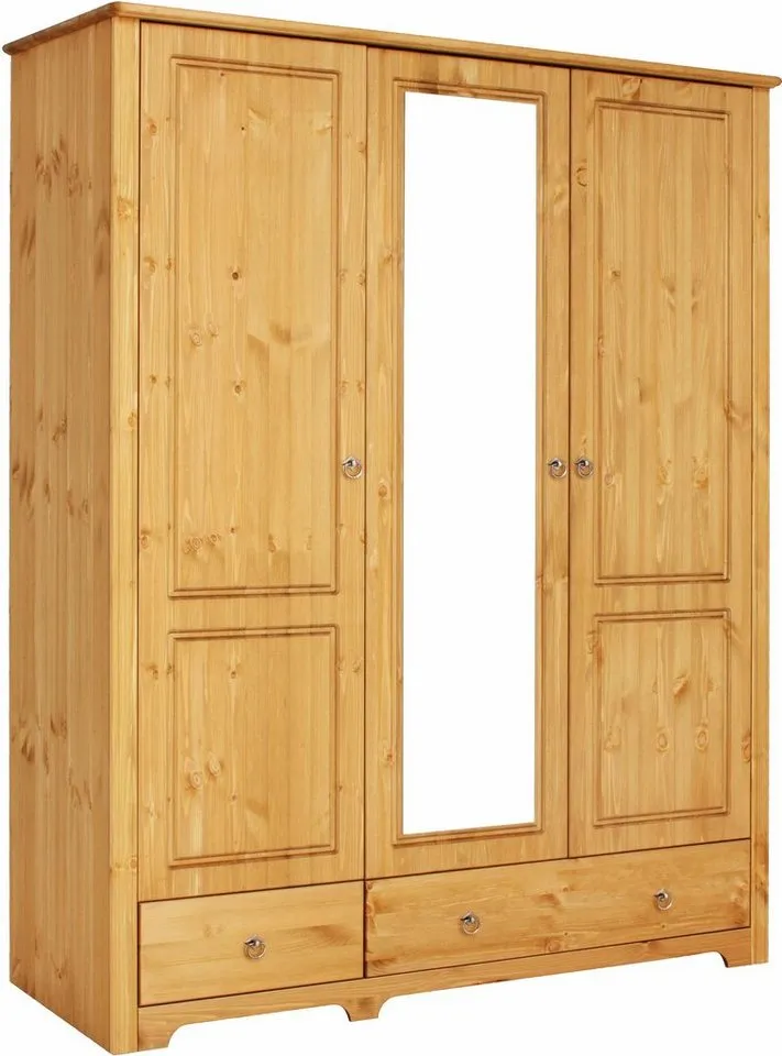 OTTO home Kleiderschrank Hugo (3 Breiten: 106/200/245 cm H/T ca. 190/58 cm) aus massiver Kiefer im Landhausstil, mit Spiegel, Beige, – Produktbild 2 von 8