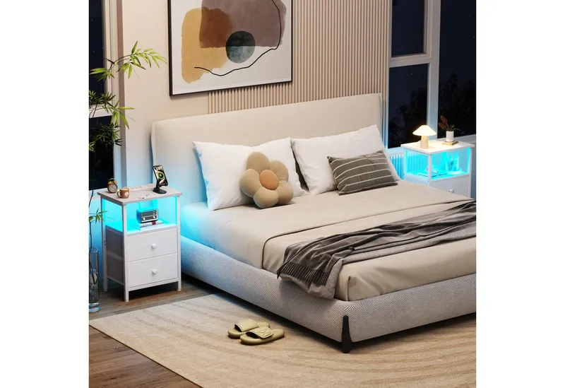 AMHANCIBLE Nachttisch 2er-Set mit integrierter Ladestation, LED-Beleuchtung & 2 Schubladen (2-St), multifunktionaler Beistelltisch mit offenem Fach, 40x30x60cm, Weiß, – Produktbild 3 von 4