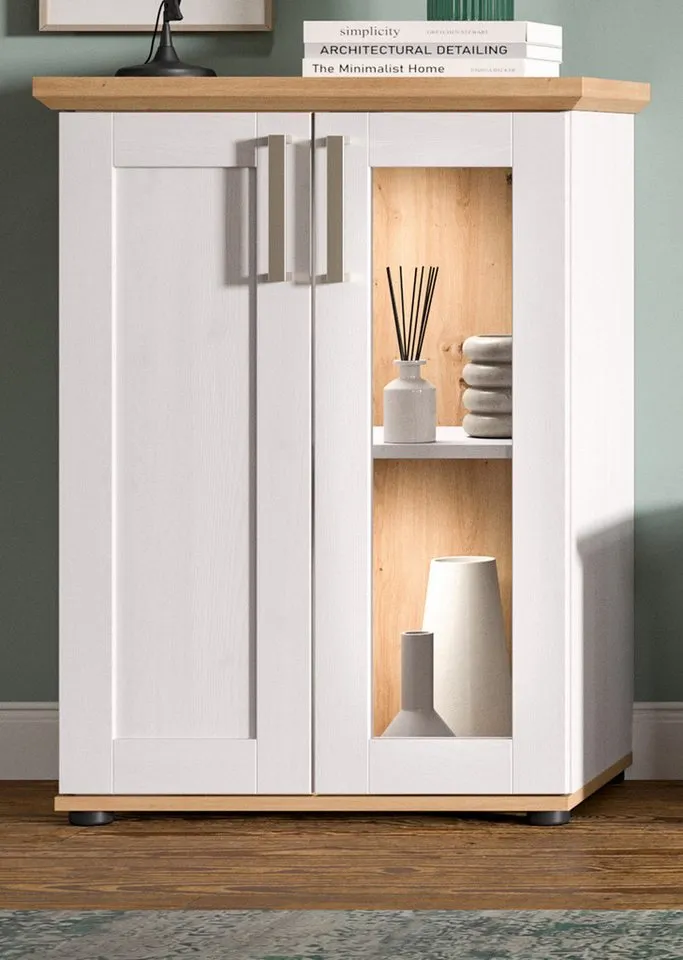 Inn.Furn Standvitrine Mirano (Kommode in weiß Lärche mit Eiche Artisan, 64 x 88 cm) stehend oder Wandmontage, Weiß, – Produktbild 3 von 5