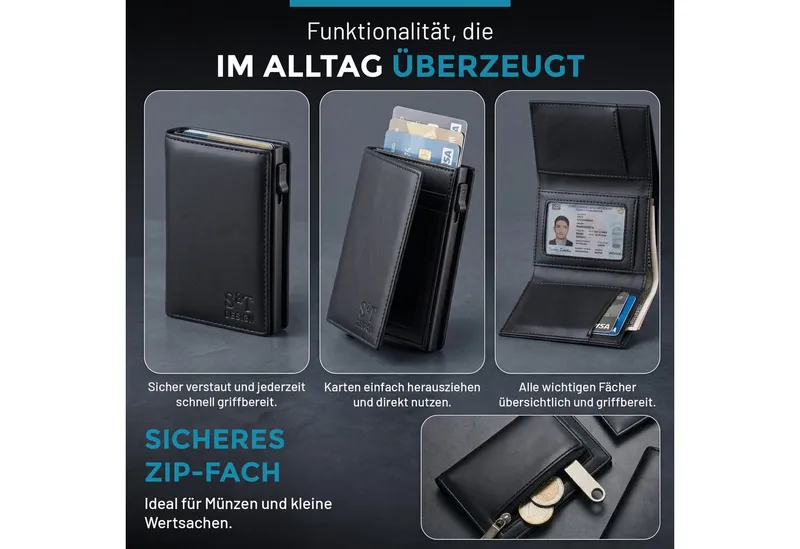 S&T Design Smart-Wallet RFID-Geldbörse Brieftasche Kartenetui Leder mit Münz- und Bargeldfach (14 Karten Kleines Portmonee Schwarz, 1-tlg., mit Sichtfenster, inkl. Geschenkbox und Dankeskarte), RFID Diebstahl Schutz Münzfach Karten-Slider Magnetverschluß 14 Karten, Schwarz, – Produktbild 5 von 5