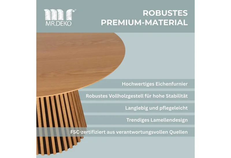 MR.DEKO Esstisch Holz rund Ø 120 cm Natur Oak Esszimmertisch Eiche FSC®100%, Runde Tischplatte aus MDF mit Eichenfurnier, Gestell Lamellenoptik, Braun, – Produktbild 4 von 5