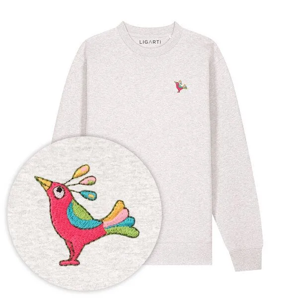 LIGARTI Bestickter Pullover – Patrischa der Paradiesvogel – LIGARTI Tiermanufaktur, Hellgrau, – Produktbild 1 von 3