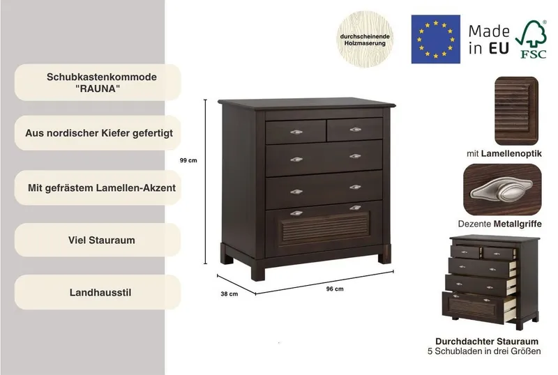 OTTO home Schubkastenkommode Rauna, aus massiver Kiefer mit 5 Schubladen, Breite 96 cm, Braun, – Produktbild 1 von 4