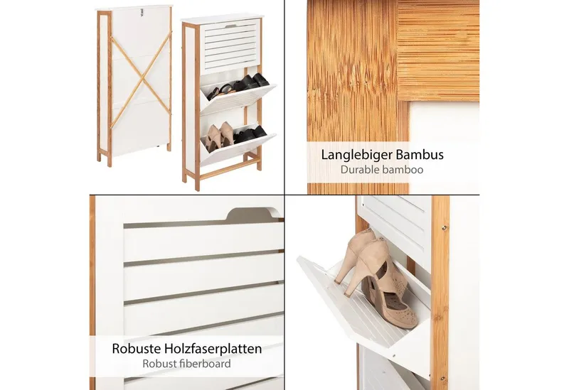 ONVAYA Schuhschrank Bambus Schuhkipper in Weiß, Platzsparender Schuhkipper mit 3 Klappen, Weiß, – Produktbild 4 von 5