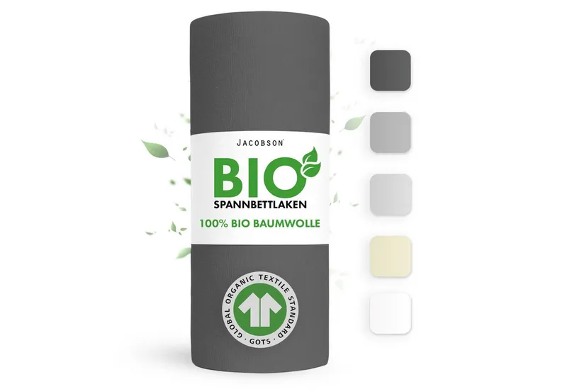 Jacobson Spannbettlaken BIO, Jersey Spannbetttuch, Bettlaken 160 g/m², 100% BIO-Baumwolle, Gummizug: rundum, Grau, – Produktbild 6 von 7