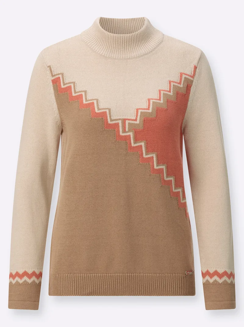 Witt Stehkragen-Pullover, Camel-papaya-gemustert, – Produktbild 1 von 2