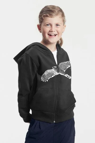 Peaces.bio - handbedruckte Biomode Peaces.bio - handbedruckte Biomode Bio-Kinder-Zip-Hoodie "Sperber", Schwarz, – Produktbild 1 von 4