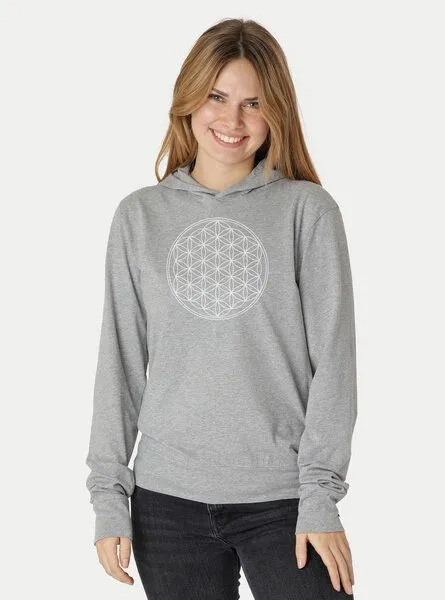 Peaces.bio - handbedruckte Biomode Peaces.bio - handbedruckte Biomode Damen Jersey-Hoodie Die Blume des Lebens, Hellgrau, – Produktbild 1 von 1