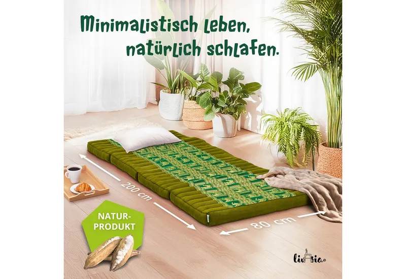 Klappmatratze Klappmatratze 80 cm (Deluxe) vegan und handgefertigt, 200x80x8cm, livasia, 8 cm hoch, Kapok, Grün, – Produktbild 2 von 5
