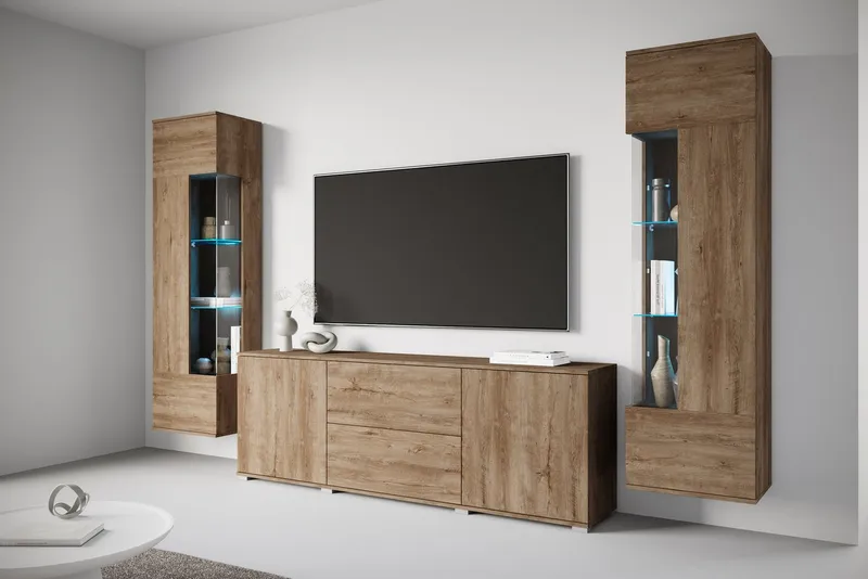 OTTO home Wohnwand KENIA, (Komplett-Set, 3-St), Vitrinen mit Eckverglasung, hängend und stehend montierbar, Braun, – Produktbild 2 von 6