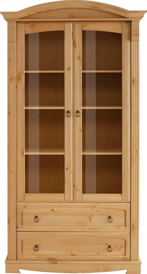 OTTO home Glasvitrine Anna, Standvitrine, Vitrinenschrank, Vitrine (Gesamtmaße (B/T/H): ca. 97/46/188 cm) mit Glastüren, 2 Schubladen, Höhe 188 cm, aus massiver Kiefer, FSC®, Beige, – Produktbild 4 von 4