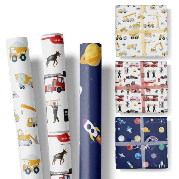Fines Papeterie Fines Papeterie 3x 3m Geschenkpapier Set für Kinder SET 1 mit Weltraum, Feuerwehr und Baustelle 3 Rollen je 300x47 cm – Produktbild 3 von 4