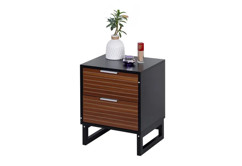 RELAXDAYS RELAXDAYS Nachttisch mit 2 Schubladen (1-St), Braun|schwarz|silberfarben, – Produktbild 1 von 5
