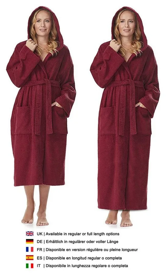 Arus Arus Damenbademantel Astra, pflegeleicht, wadenlang oder extralang für Spa & Sauna, 100% Baumwolle, Kapuze, Gürtel, mit Kapuze, wadenlang oder extra lang, 100% Baumwolle, Rot, – Produktbild 3 von 5