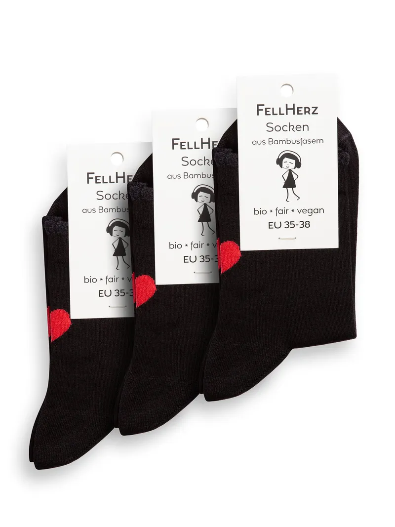 FellHerz 3er Pack Socken mit Viskose (aus Bambus-Cellulose) Herz schwarz - 39-42 – Produktbild 1 von 1