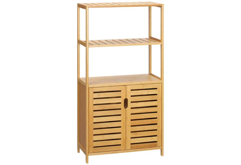kleankin kleankin Badkommode Küchen-/Aufbewahrungsschrank, 2 Lamellentüren, 2 offene Fächer (Badezimmerschrank aus Bambus, 1 St., Badschrank), für Badezimmer, Wohnzimmer, 60x30x120 cm Natur, Beige, – Produktbild 2 von 5