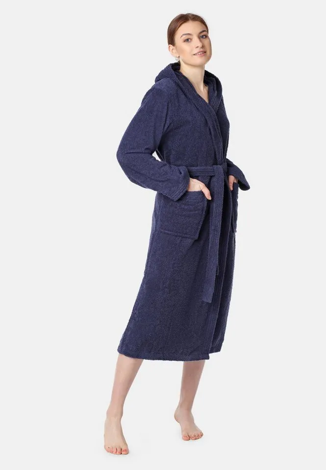 Ladeheid Bademantel Damen Frottee Bademantel aus 100% Bio- Baumwolle LA40-225, Langform, Baumwolle, Kapuze, Blau, – Produktbild 2 von 5
