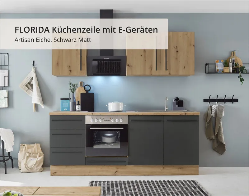 KOCHSTATION Küchenzeile KS-Florida mit 38mm starker Arbeitsplatte, Breite 210 cm, wahlweise mit E-Geräten, Soft-Close-Funktion, Schwarz, – Produktbild 6 von 7