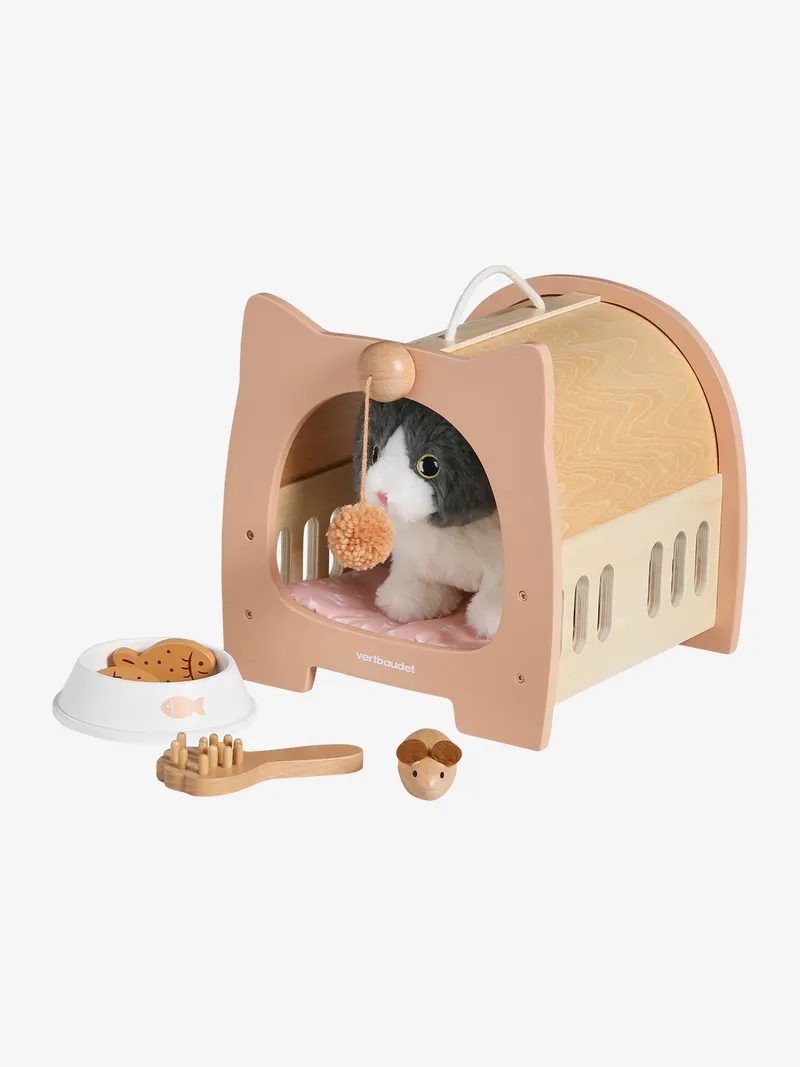 Vertbaudet Vertbaudet Kinder Plüschkatze mit Transportbox aus Holz FSC®, Braun, – Produktbild 2 von 4