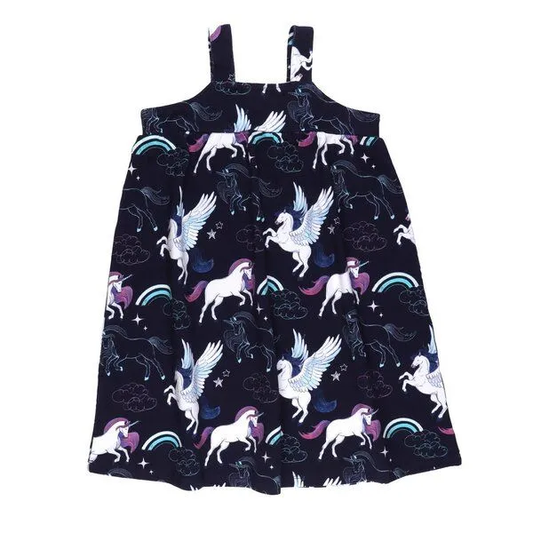 Walkiddy Kinder Trägerkleid GOTS zertifiziert, Bio-Baumwolle, dunkelblau, Einhorn-Pegasus-Muster, leicht – Walkiddy, Blau, – Produktbild 2 von 3