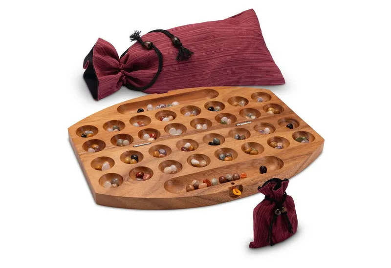 LOGOPLAY Spiel Hus oval mit Stoffbeutel, Gesellschaftsspiel, Bao Spiel für 2 Spieler mit Stoffbeutel oval Hus Kalaha mit 75, Beige, – Produktbild 2 von 4