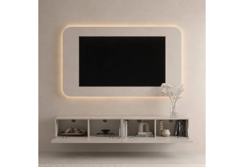 Planetmöbel TV-Schrank West TV-Board, Fernsehtisch 200 cm lang, TV-Lowboard (für Fernseher bis 55 Zoll, TV Schrank viel Stauraum, sideboard hängend, Fernsehschrank 2x 100 x 30 x 37,5 cm) kaschmir, Beige, – Produktbild 3 von 4