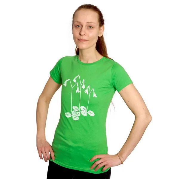 HANDGEDRUCKT HANDGEDRUCKT "Moosglöckchen" Frauen-T-SHIRT von Earth Positiv, Light green, – Produktbild 1 von 3