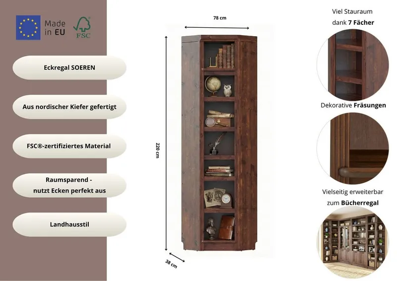 OTTO home Eckregal Soeren Regal Höhe 220 cm, massive Kiefer, FSC®-zertifiziert, passend für Regale Soeren mit einer Tiefe von 29 cm, Braun, – Produktbild 3 von 3