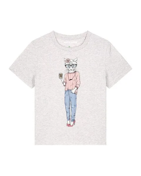 watapparel watapparel T-Shirt Frauen Hipster Cat with Moustache, Cool heather grey, – Produktbild 1 von 4