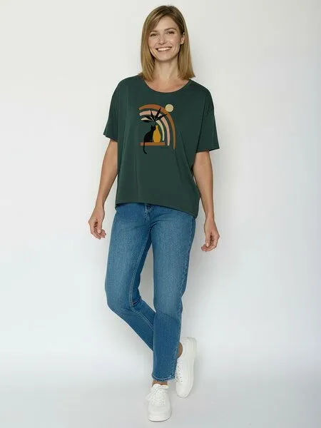 GreenBomb GREENBOMB Cat Vase Feel - Lässiges T-Shirt aus Bio-Baumwoll-Mix / hochwertiger Print / GOTS / Fair & Vegan, Türkis (petrolgrün), – Produktbild 3 von 4