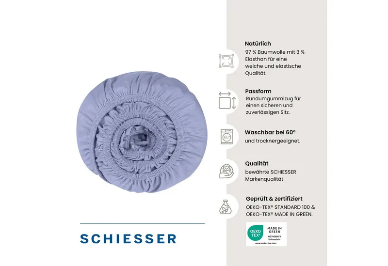 Schiesser Schiesser Spannbettlaken Elli aus weicher Baumwolle mit Elasthananteil für flexiblen Sitz, Jersey-Elasthan, Gummizug: rundum, (1 Stück), für hohe Matratzen und Boxspringbetten, OEKO-TEX® MADE IN GREEN, Lila, – Produktbild 3 von 5