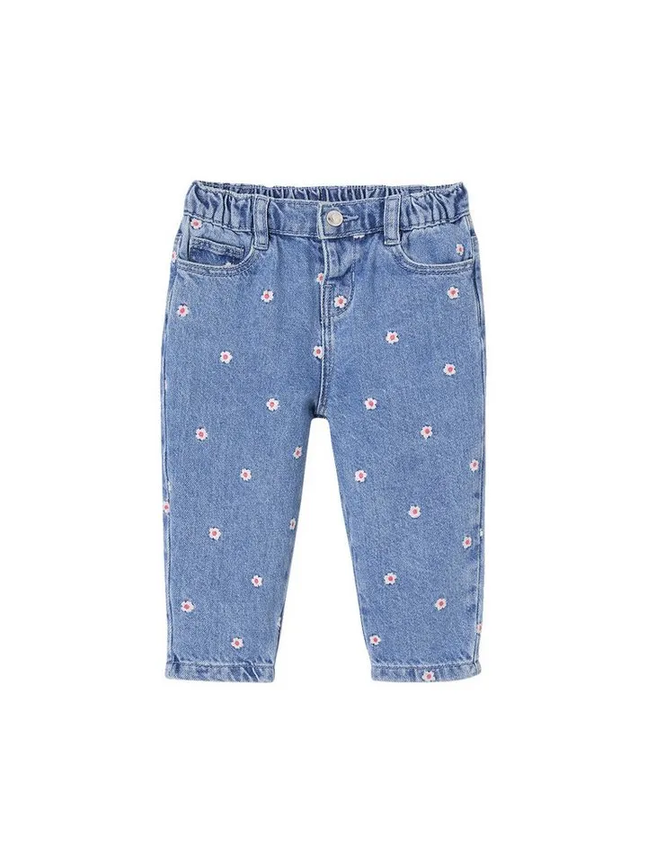 Vertbaudet Vertbaudet Regular-fit-Jeans Baby Mom-Jeans mit Stickerei Stickerei, Blau, – Produktbild 1 von 4