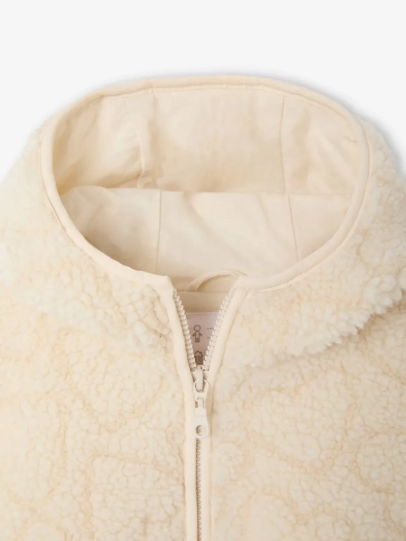 Vertbaudet Vertbaudet Übergangsjacke aus Teddyfleece mit Kapuze und Leopardenmuster Mädchen, Wollweiß, – Produktbild 2 von 3