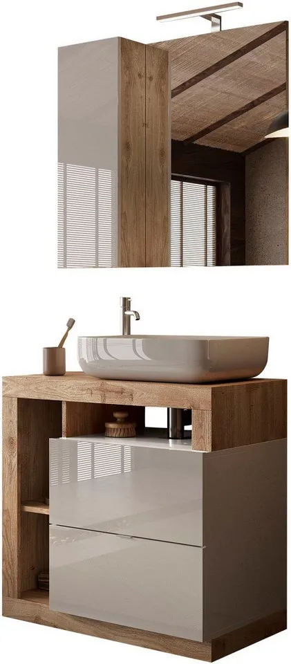 welltime Badmöbel-Set Hamburg, Badezimmerset 2tlg. Breite 79 cm, Badmöbel, Waschtisch inkl., (Spar-Set, 2-St), Waschbecken, Spiegelschrank mit LED Aufbauleuchte, Soft-Close-Funktion, Weiß, – Produktbild 2 von 6