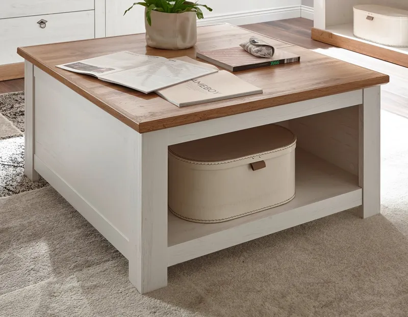 Furn.Design Couchtisch Hemsby (in Pinie weiß mit Wotan Eiche, quadratisch, 95 x 95 cm), mit Truhenfach, Landhausstil, Beige, – Produktbild 4 von 5