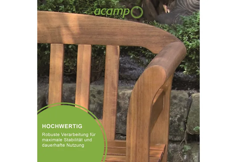 acamp Sitzbank Gartenbank Holz 2-Sitzer wetterfest, Massivholz Akazie FSC® geölt (Holzbank, 1-St., Gartenmöbel), Teakholz-Optik, geschnitzte Rose, 130x50x80 cm, Balkon, Terrasse, Braun, – Produktbild 4 von 5