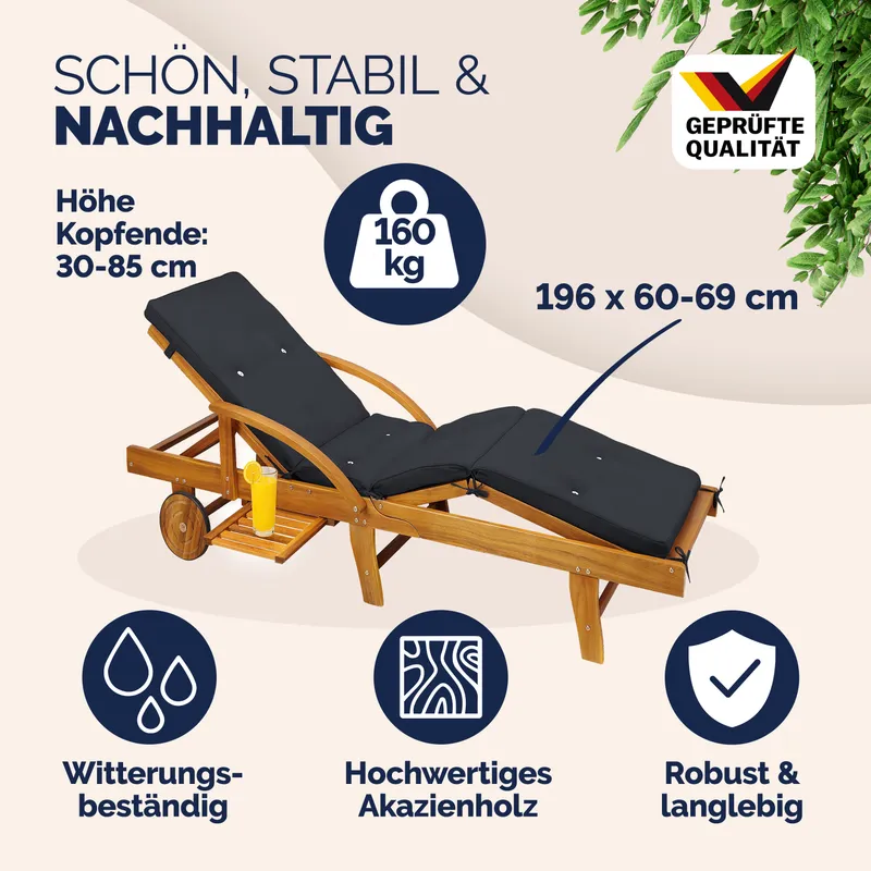 Casaria® Gartenliege Tami Sun® Akazie inkl Auflage Anthrazit, Braun, – Produktbild 2 von 2