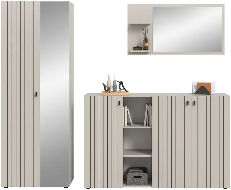 xonox.home Garderoben-Set, (3-tlg. Garderobenschrank, Schuhkommode & Garderobenspiegel), in Kaschmir Nachbildung B/H/T ca.: 235/192/37 cm, Braun, – Produktbild 2 von 5