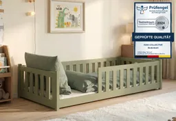 Kids Collective Kinderbett Bodenbett Bett mit Rausfallschutz & Lattenrost Montessori Bett Kinder (Jungen, Mädchen, Kinder, weitere Größen 80x160, 80x180, 90x190, 120x200, 140x200 cm), Jugendbett Gitterbett Einzelbett, olivgrün Kiefer 90x200 cm – Produktbild 1 von 1