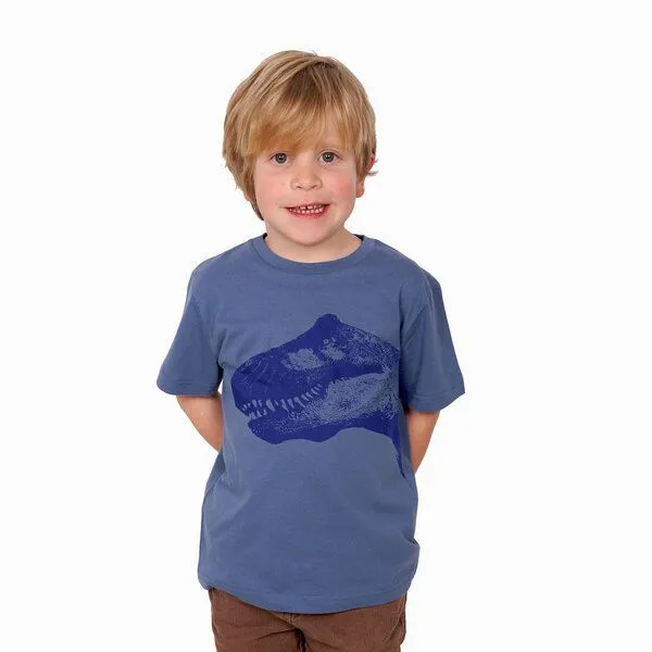 HANDGEDRUCKT HANDGEDRUCKT "T-Rex" Kinder T-Shirt reine Bio Baumwolle (kbA), Fadeddenim, – Produktbild 1 von 3