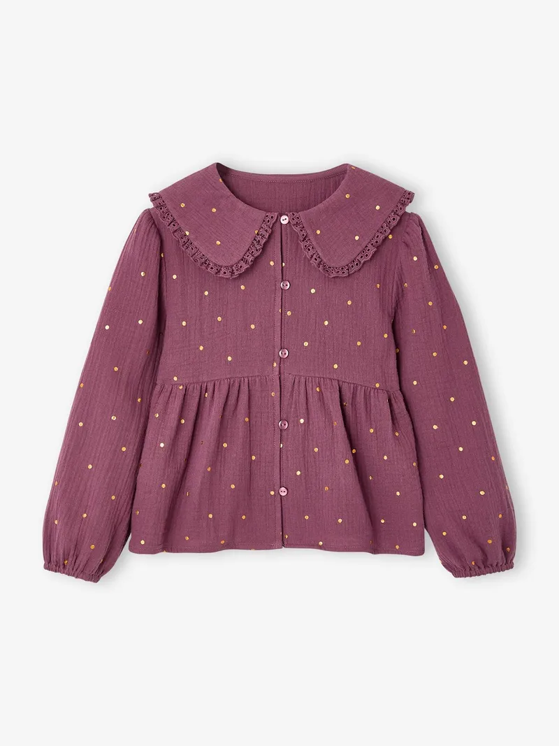 Vertbaudet Langärmelige Mädchen Bluse aus Musselin, Pflaume, – Produktbild 3 von 4