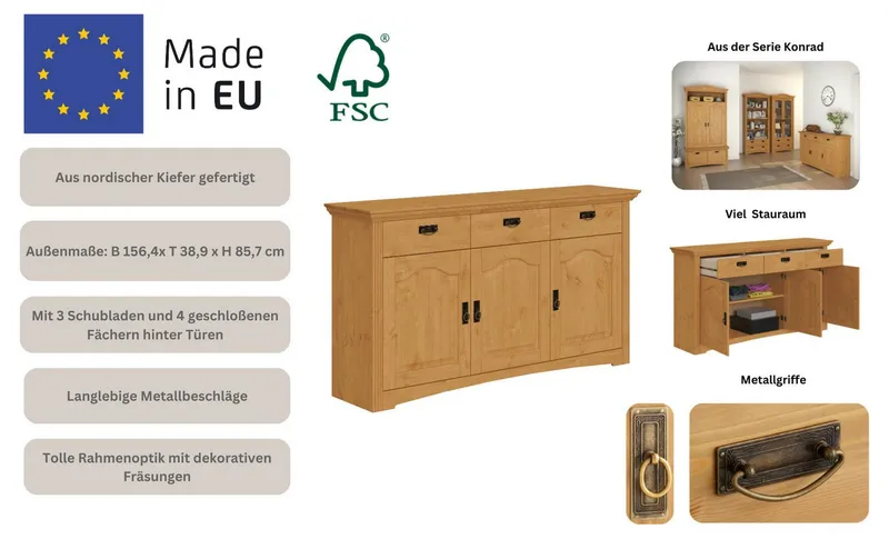 OTTO home Kommode Konrad, aus massiver Kiefer, Breite 156 cm, mit Schubladen, FSC®, Beige, – Produktbild 3 von 5