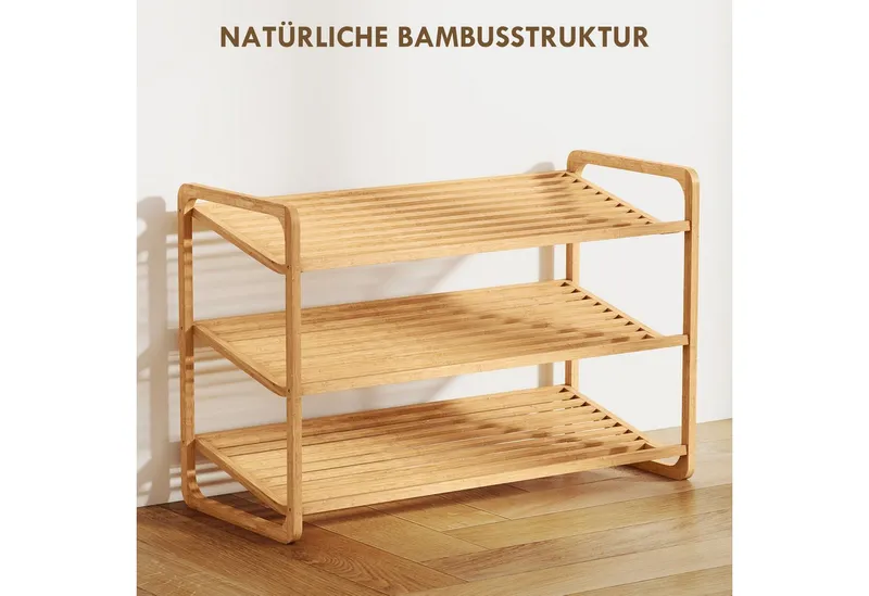 HOMCOM HOMCOM Standregal 3-stöckiges Schuhregal aus Bambus, freistehendes Aufbewahrungsregal für 12 Paar Schuhe 1-tlg., Schuhregalständer für Flur, Wohnzimmer, 76 x 33 x 50,8 cm, Beige, – Produktbild 4 von 5