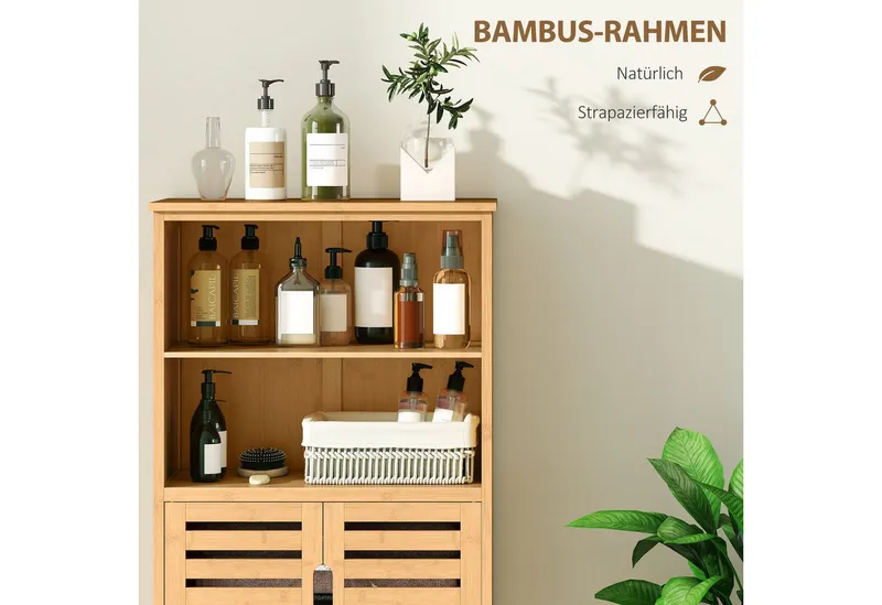 kleankin kleankin Badkommode Beistellschrank, Mehrzweckschrank mit Kippschutz, Landhausstil (Badschrank, 1 St., Badezimmerschrank), Naturholz, 50 x 29 x 92 cm, Beige, – Produktbild 5 von 5