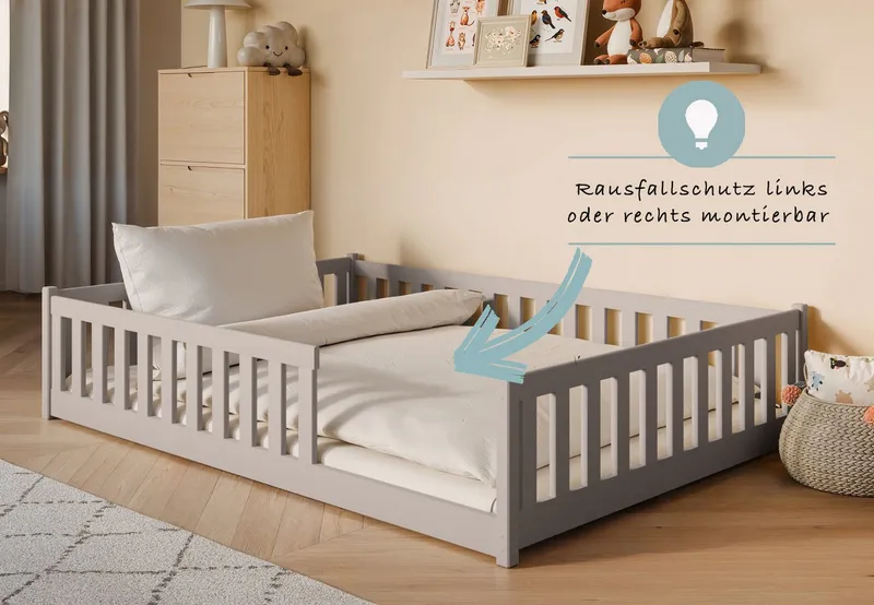 Kids Collective Kinderbett Bodenbett Bett mit Rausfallschutz & Lattenrost Montessori Bett Kinder (Jungen, Mädchen, Kinder, weitere Größen 80x160, 80x180, 90x190, 90x200, 120x200 cm), Jugendbett Gitterbett Einzelbett, Kaschmir Kiefer 140x200 cm, Grau, – Produktbild 5 von 5