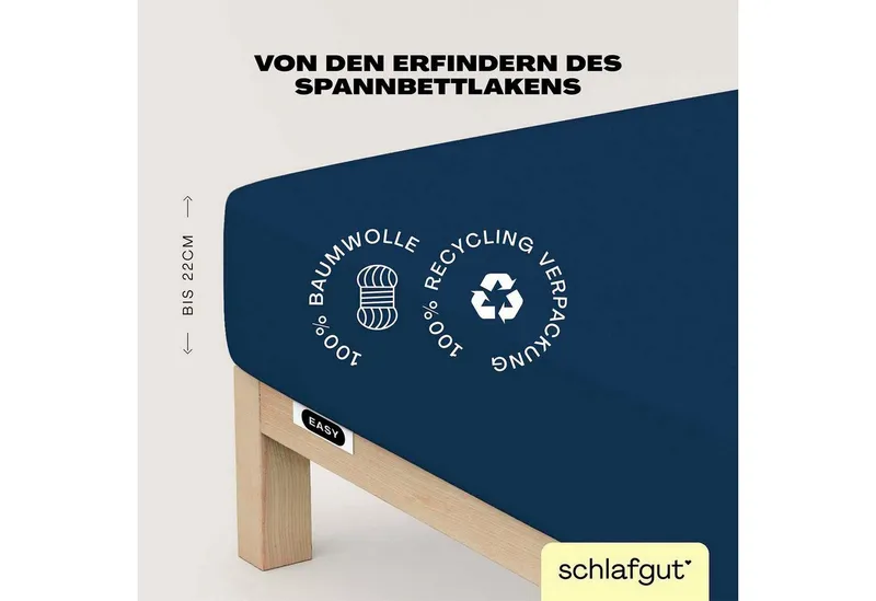Schlafgut Schlafgut Spannbettlaken EASY JERSEY Bettlaken, 150 g/m², 100% Baumwolle, Spannbetttuch, Jersey, Gummizug: rundum, (1 Stück), Spannbettlaken bis 22 cm Höhe, bügelfrei, pflegeleicht, perfekter Sitz, Blau, – Produktbild 2 von 5